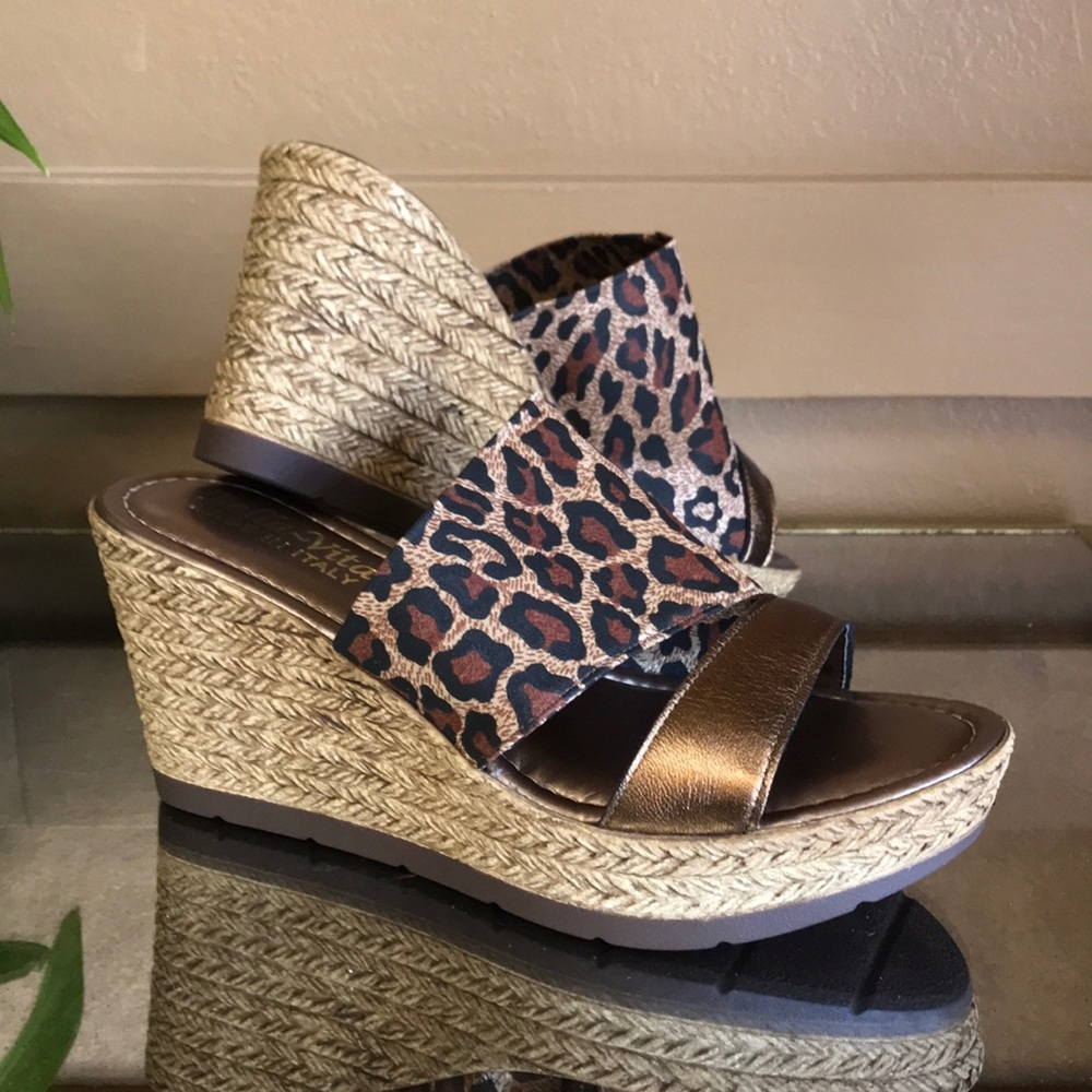 Bella Vita Leopard Bronze Platform Wedge Mules
